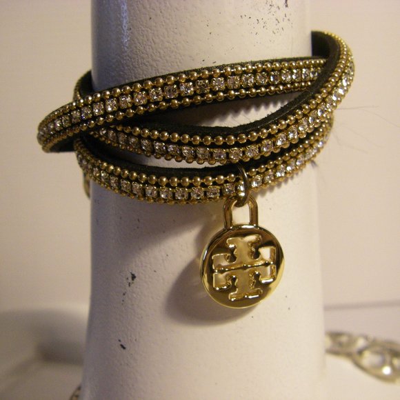 Tory Burch Jewelry - Tory Burch Crystal Embellished Velvet Logo Wrap Gold Black Crystals NEW In Pouch